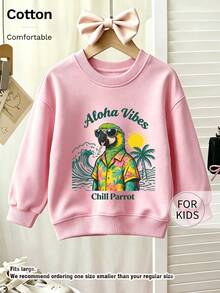 Tween Girl Crewneck Sweatshirt, Aloha Vibes Chill Parrot Tropical Printed Cotton Pullover, Soft Comfortable Casual Top - Pink - View 7