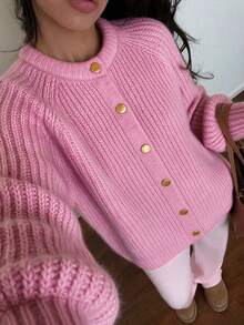 SEREN Comfortable Women's Pink Cardigan, Long Sleeve Regular Fit Crew Neck Sweater, Button Front Design, Suitable For Autumn - Pink - View 2