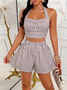 AIJ Women's Cute Plaid Print 2 Pieces Set, Halter Tie Back Shirred Cropped Top & Elastic Waist Shorts, Autumn Brown & White Casual Vacation Style Matching Outfit, Suitable For Beach, Outings, Holidays - Brown - View 5