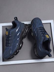 Men's Navy Chunky Air Cushion Sneakers, Mesh Spliced Shock‑Absorbing Non‑Slip Outdoor Sports Shoes - Navy Blue - View 1