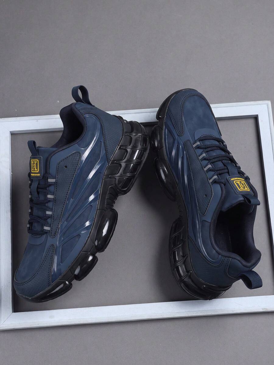 Men's Navy Chunky Air Cushion Sneakers, Mesh Spliced Shock‑Absorbing Non‑Slip Outdoor Sports Shoes - Navy Blue - View 1