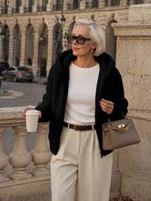 Regular Hooded Drawstring Design Jacket For Middle-Aged And Elderly Women, Ideal Choice For Casual And Formal Occasions In Autumn And Winter - Black - View 2