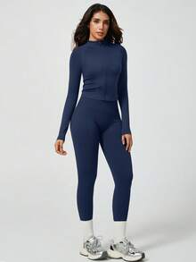 NcmRyu 1 Set Women Seamless Ribbed Zip Stand Collar Long Sleeve Top And High Waist Leggings Sports Suit - Navy Blue - View 6