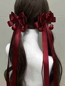 1/2pcs Burgundy Satin Long Bow Hair Clips, Japanese JK Style Sweet Girl Twin Ponytail Cute Cherry Exquisite Hair Accessories - Red - View 7