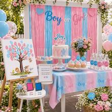 Gender Reveal Full Party Decoration Kit, Animal Fingerprint Tree Poster, Fringe Curtain, Ink Pad, Team Boy Girl Stickers For Gender Reveal Party - Multicolor - View 3