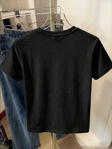 Casual Women's T-Shirt, Cute Style, Pug Print With Glasses, Korean Style, Loose Fit, Short Sleeves, Round Neck, Simple Women's T-Shirt. - Black - View 2