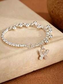 1pc Vintage Butterfly Bell Pendant Bracelet, Twisted Rope Chain Ball Tassel Style, Adjustable Fashion Women's Jewelry, Suitable For Daily Wear, Dating And Party - Silver - View 4