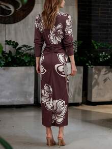 Women's V-Neck Long Sleeve Printed Ruched Waist Pleated Dress, Spring/Autumn - Burgundy - View 2