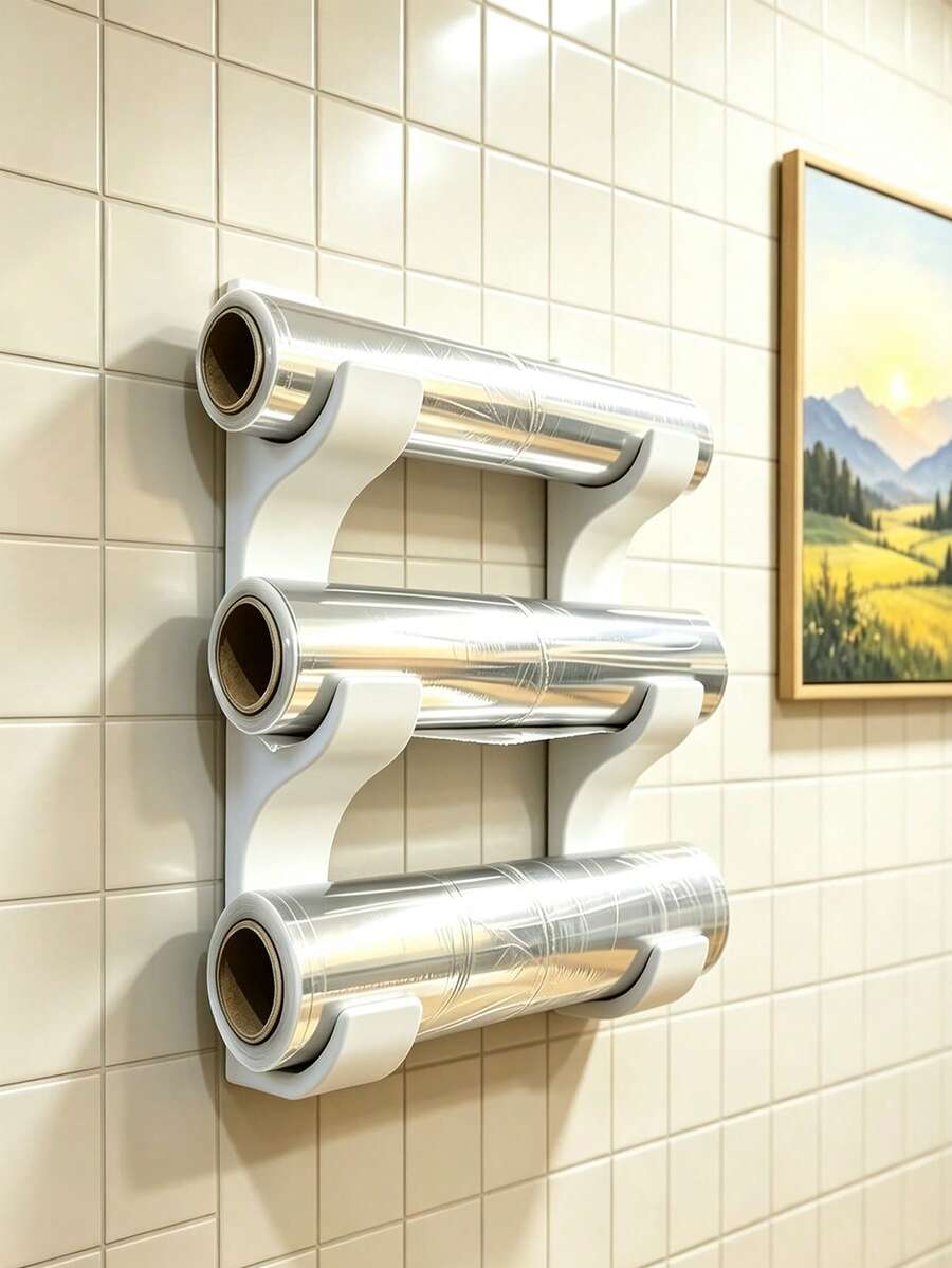 Kitchen Paper/Cling Film/Aluminum Foil Wall-Mounted Storage Rack, Can Hold Rolls With Diameter 50mm Or Smaller, Organize Scattered Tools, Save Space, Includes Adhesive Tape, No Drilling Installation, Create A Tidy Kitchen - Multicolor - View 1