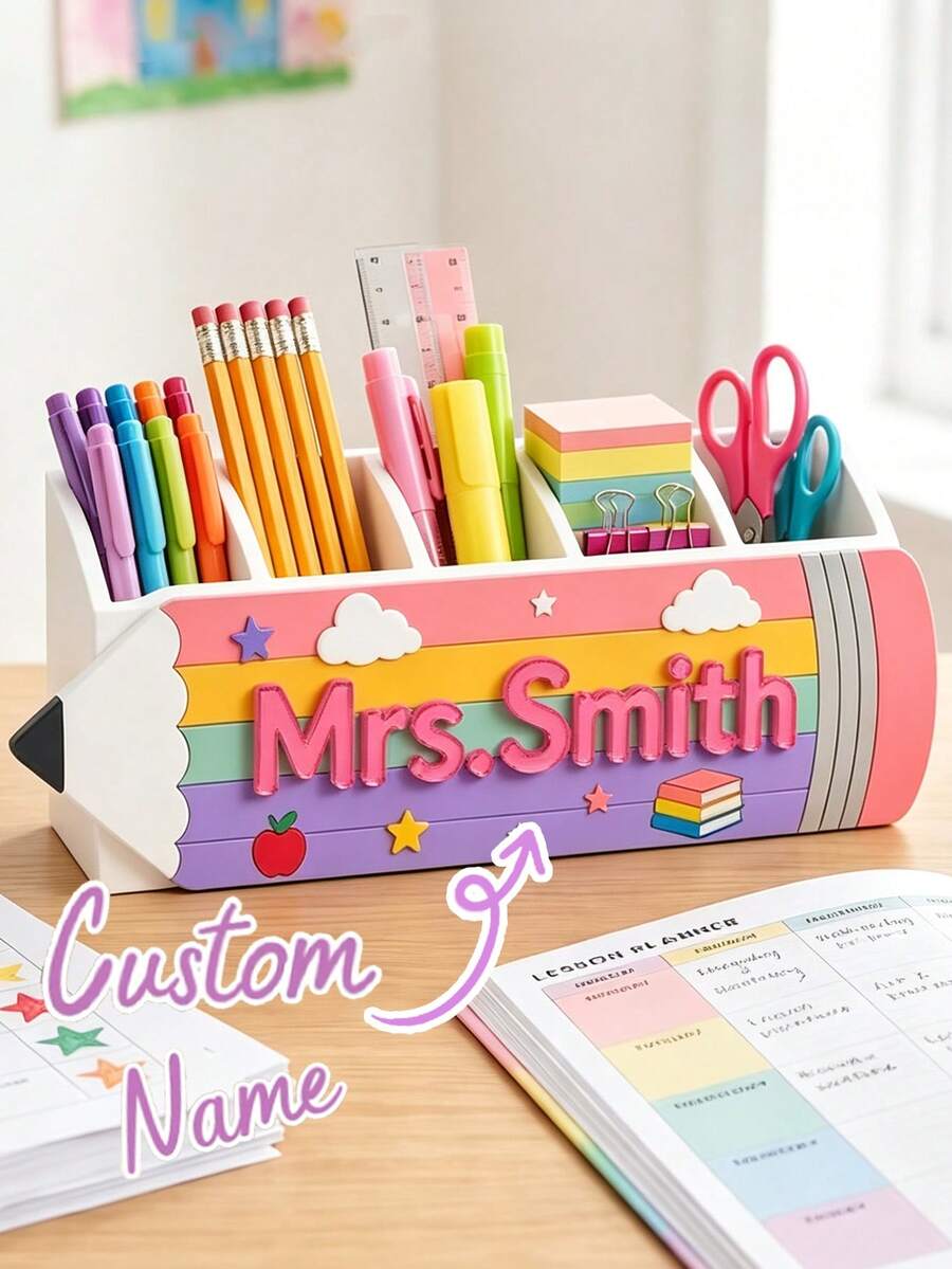 Personalized Desktop Organizer Box, Custom Pen Holder, Customizable With Name Or Text, For Office Desks And Study Desks, Teacher's Day Gift, Birthday Gift, Classroom Desktop Decoration, Ideal Present For Teachers, Friends And Family - Multicolor - View 1