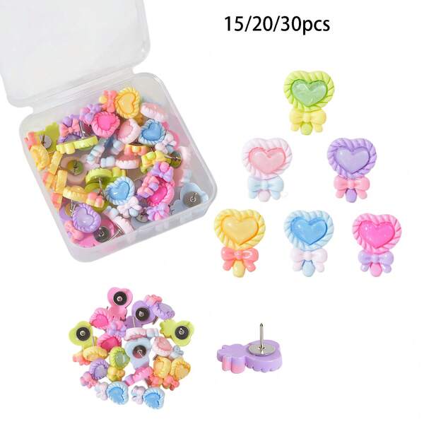 15/20/30pcs Heart Magic Wand Bowknot Push Pins, Bulletin Board Push Pins, Magic Wand Decorative Pins And Push Pins, Cork Board Push Pins, Cute Office Decoration Push Pins, Random Colors