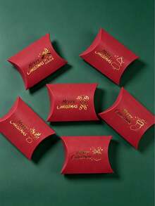 12PCS/Wholesale Christmas Pillow Gift Box Red Paper Candy Box 6 Kinds Cartoon Xmas Design Gold Foil Stamping 4.33*2.76 Inch Foldable Holiday Gift Packaging Box - View 2