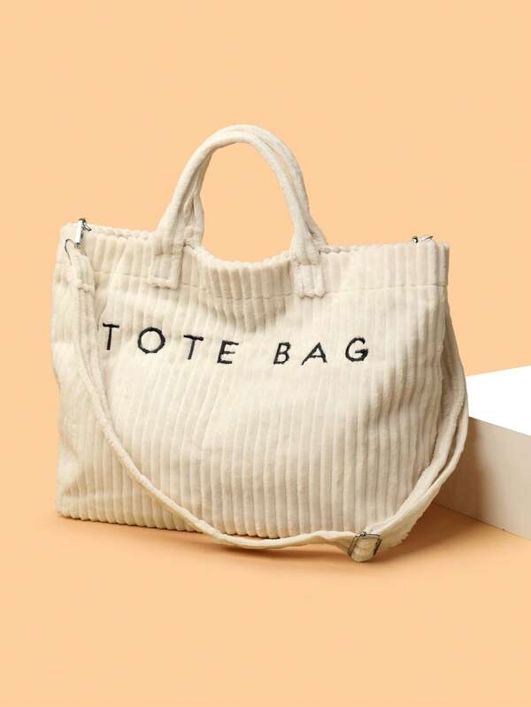 Retro European Fashion Corduroy Material Letter Print Women Elegant Shoulder Tote Bag, Cream Bag