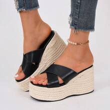 Sandal Selop Wanita Bertumit Wedges Platform Modis Serbaguna, Sandal Anyaman Jerami Elegan - Hitam - View 1