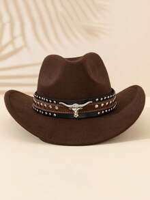 Men Retro Western Cowboy Hat, Bull‑Head Studded Wide Brim Felt Hat, Halloween Christmas Party Costume Accessory - Multicolor - View 3