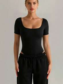 XLLAIS High Elasticity Square Neck Short Sleeve Black Jumpsuit, Athletic Casual Tight Fit Sports Summer - Black - View 3