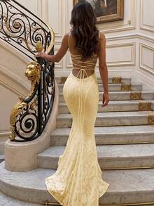 Spaghetti Strap Wedding Guest Dress, Elegant Party Holiday Summer Dress For Women Yellow - Yellow - View 3
