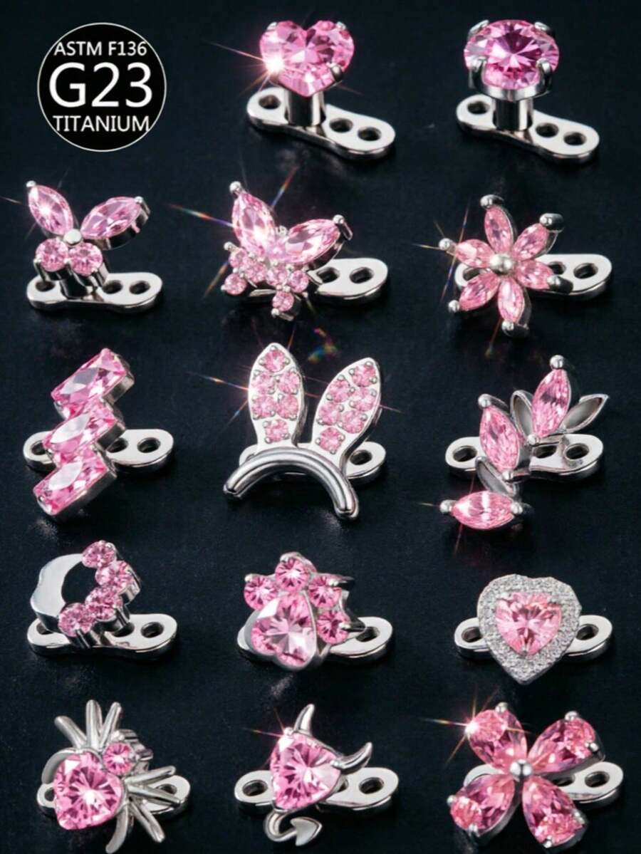 1Pc Pink Series G23 Titanium CZ Inlaid Dermal Anchor Hypoallergenic Body Piercing Jewelry For Daily Wear - Pink - View 1