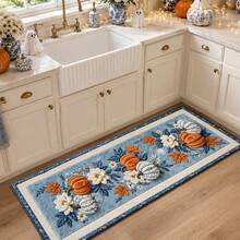 1pc Vintage Autumn Long Hallway Runner Rug, Harvest Orange And Blue-White Pumpkin Maple Leaf Floral Print Plush Carpet, Faux Cashmere Material, Suitable For Bathroom, Kitchen, Entryway, Hallway, Bedside, Living Room, Bedroom, Machine Washable, Non-Slip Backing, Halloween Decor, Bathroom Accessories, Room Decoration, Autumn Decor - Multicolor - View 5