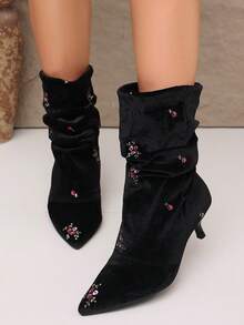 planare New Women's Elegant Black Velvet Embroidered Floral Ankle Boots, Slip-On Pointed Toe Kitten Heel Vintage Ruched Boots For Autumn/Winter Party - Black - View 5