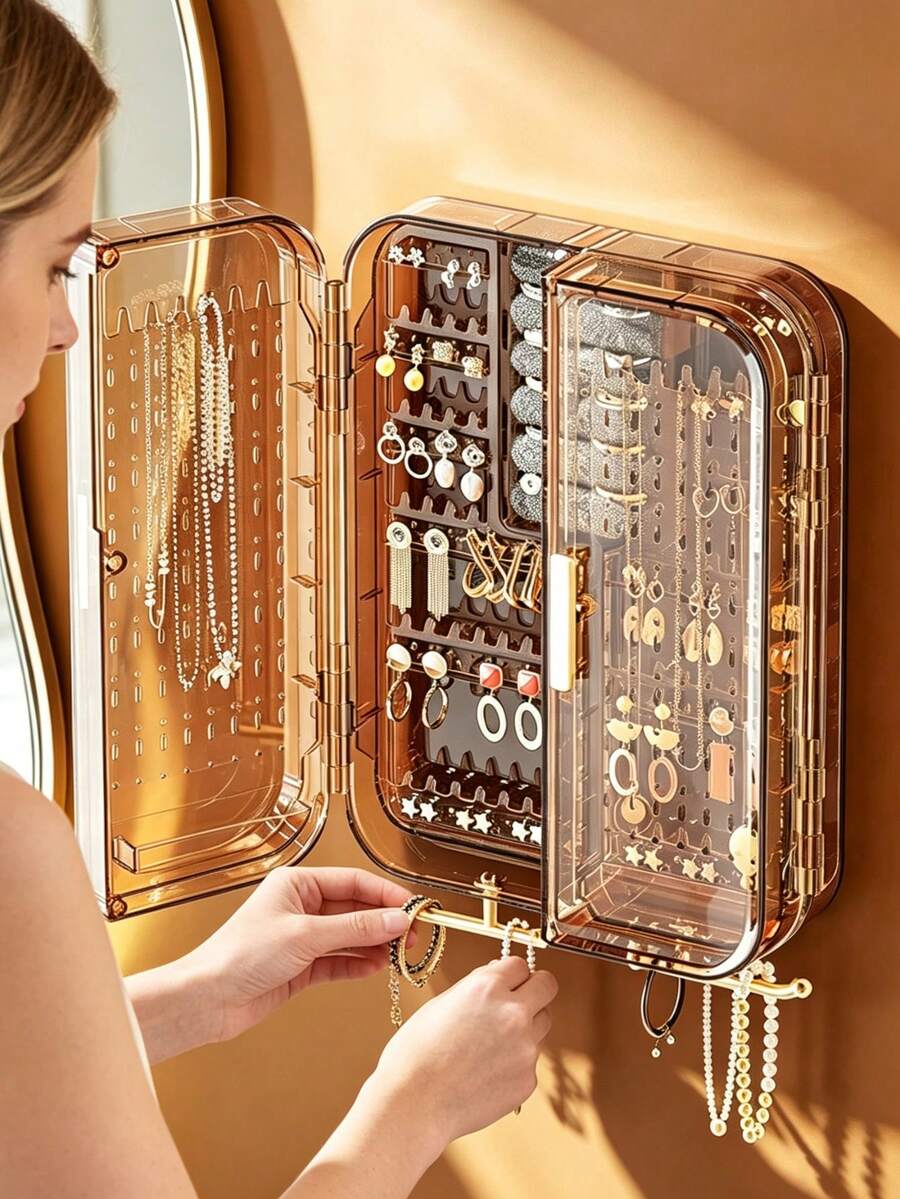 Wall‑Mounted Jewelry Organizer, Transparent Dust‑Proof Jewelry Storage Case With Outer Hooks, Large Capacity Multi‑Compartment Jewelry Box For Necklaces, Earrings, Rings, Bracelets, Brooches - Multicolor - View 1