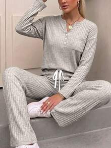 女款舒適羅紋居家服兩件套，亨利領鈕扣長袖上衣，抽繩高腰寬腿長褲 - 灰色 - 查看 5