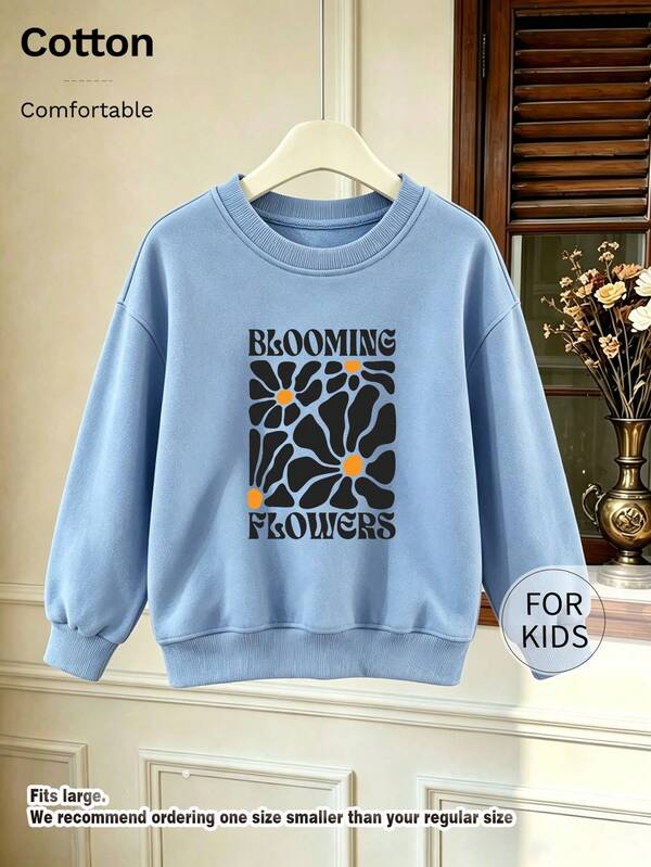 Kids Crew Neck Sweatshirt, Blooming Flowers Slogan Printed Cotton Pullover, Soft Casual Long Sleeve Top