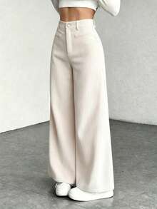 1pc Yaxuan Solid Color Polyester High Waist Loose Wide Leg Pants, Button Pockets Zipper Closure Trousers, Suitable For Daily, Commute, Spring/Summer/Autumn - Deep Apricot Color - View 2