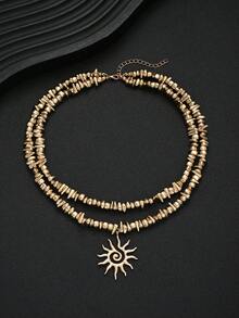 1pc Fashionable Minimalist Exaggerated Old Money Style CCB Asymmetrical Geometric Shape Beaded Sun Pendant Necklace For Women, Vacation, Date, Party, Ball, Banquet, Holiday, Birthday Gift, Daily Wear - Yellow Gold - View 8