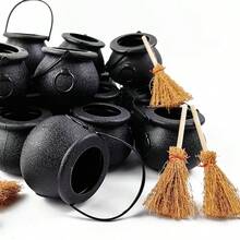2/4/6pcs Mini Plastic Witch Cauldron With Mini Witch Broom, Black With Handle Witch Cauldron Bucket, Halloween Candy St. Patrick's Day Coin Storage Box And Party Favor - Multicolor - View 2