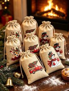 5/12pcs Christmas Burlap Gift Bags, Christmas Gift Bags, Reusable Drawstring Bags, 5 Christmas-Themed Designs Randomly Shipped, Suitable For Christmas Party Favors, Birthday Gifts, Christmas Tree Decorations - Type a - View 4