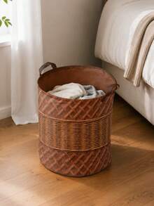 2D Flat Print Brown Tone Colorblock Woven Rattan Texture Foldable Laundry Basket, With Laundry Clips, Household Clothing Storage Bin, Breathable Fabric Dirty Clothes Basket, Bedding Clips, Suitable For Bathroom And Bedroom - Multicolor - View 1