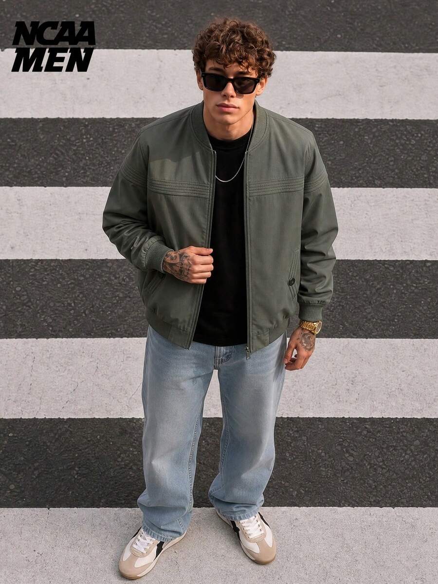 男士春秋棒球領夾克,極簡休閒設計,純色寬鬆短版拉鍊外套 - 軍綠色 - 查看 1