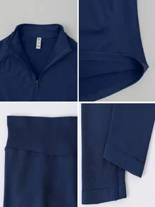 NcmRyu 1 Set Women Seamless Ribbed Zip Stand Collar Long Sleeve Top And High Waist Leggings Sports Suit - Navy Blue - View 4