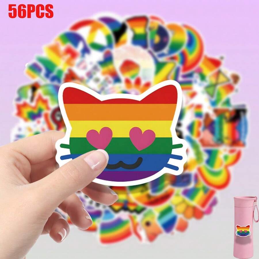 56pcs Rainbow Style Creative Pattern LGBTQ Theme Stickers Suitable For Decorating Laptop Decals, Notebook Cover Stickers, Stickers, Tablet Stickers, Phone, Electronic Product Stickers Decals And Other Smooth Surfaces For Decoration, Gift Wrapping, Or As A Unique Gift For Friends. - 56 Pcs - View 1