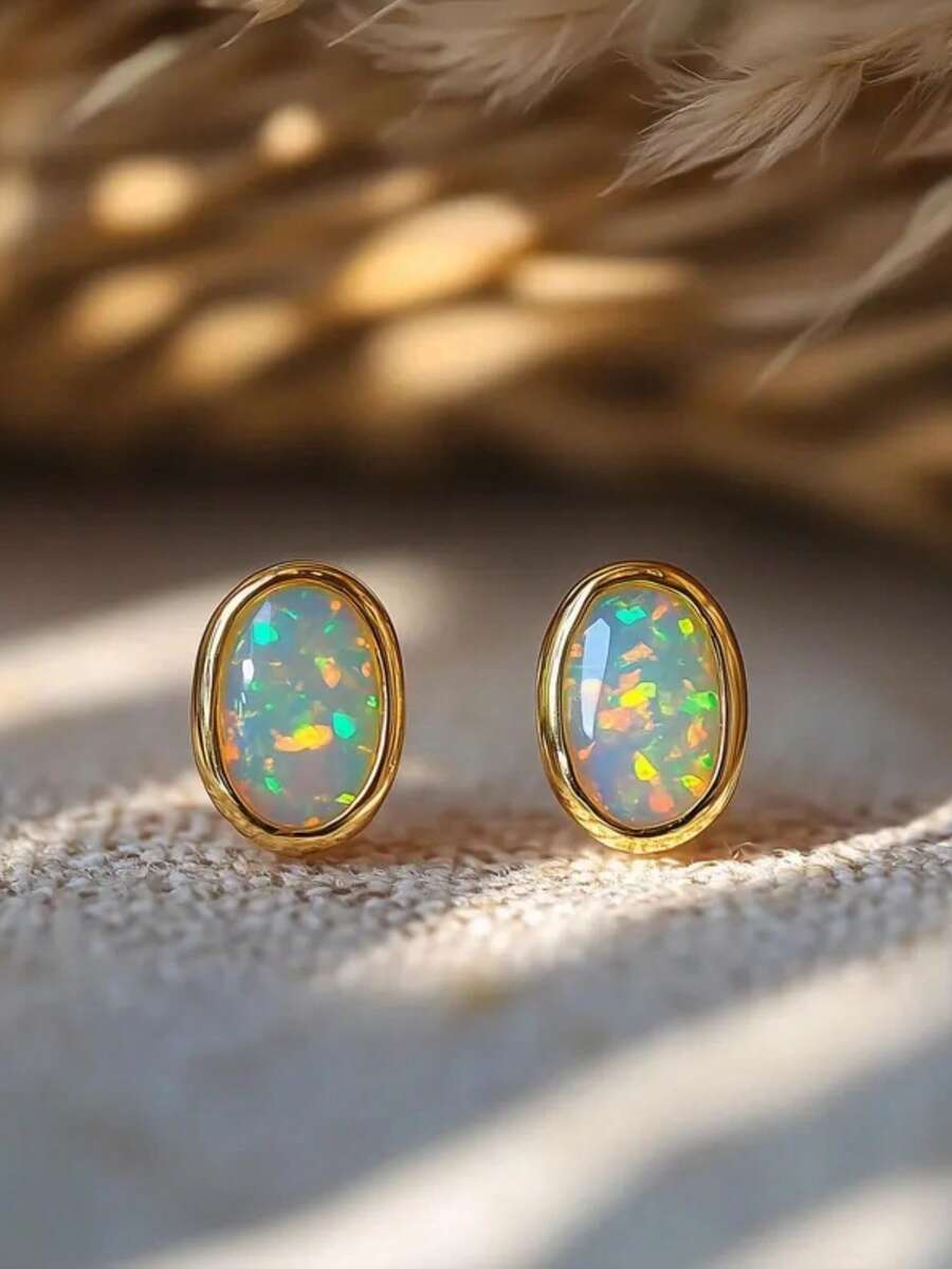 Tsnamer Minimalist Oval Opal Stud Earrings, White Opal Gemstone, Simple Geometric Jewelry, Fire Opal Mother's Day Gift - Yellow Gold - View 1