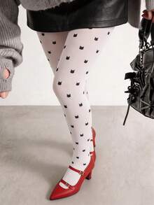 1 paire de collants blancs pour femmes avec imprimé chat noir, collants à motif chat mignon sur toute la surface pour tenues preppy, kawaii & décontractées - Blanc - Voir 6