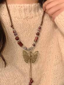 1pc Women's Bohemian Vintage Butterfly Pendant Multi-Layer Adjustable Necklace, Handmade Beaded Necklace - Brown - View 2