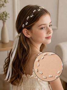 1pc Children's Simple Pearl Headband, Palace Style Hair Accessory With Ribbon, Suitable For Daily Wear, Birthday Party Styling And Casual Girls Hair Accessory - Gold - View 1