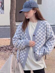 Girls' & Teens' Vintage Plaid Long Sleeve Knit Cardigan, Loose Fit Versatile Outerwear Sweater Top - Grey - View 3