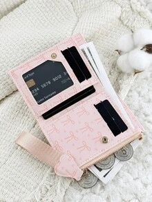 Fashionable Bow Printed Short Wallet, Foldable Buckle Portable Cash, Credit Card Tassel Decoration Wallet, Suitable For Carrying Around - Pink - View 6