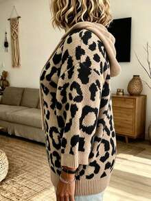 Chic Plus Size Cheetah Print Hooded Pullover Sweater For Women, Regular Length With Drawstring And Rib-Knit Details, Perfect For Fall Outfits - Khaki - View 4