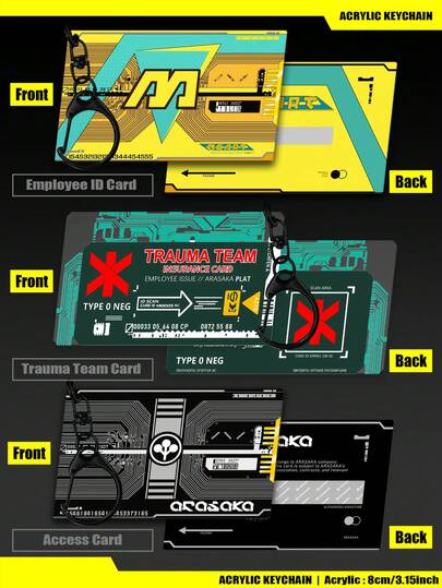 Cyberpunk2077 Keychain,Faithful Replica Cyberpunk,Employee ID, Trauma Team Insurance Card & Arasaka Access Card. 2D Acrylic Keychain, Collectible For Night City Fans.
