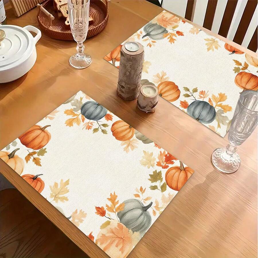 1/4/6pcs Autumn Series Border Pumpkin & Autumn Leaf Pattern Printed Placemats, Heat-Resistant Table Mats For Home Kitchen/Kitchen Table Protection, Party Scene Decor