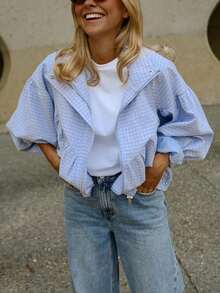 Women's Vintage Plaid Zipper Flight Jacket, Loose Fit Stand Collar Street Style Autumn Outerwear - Blue - View 4