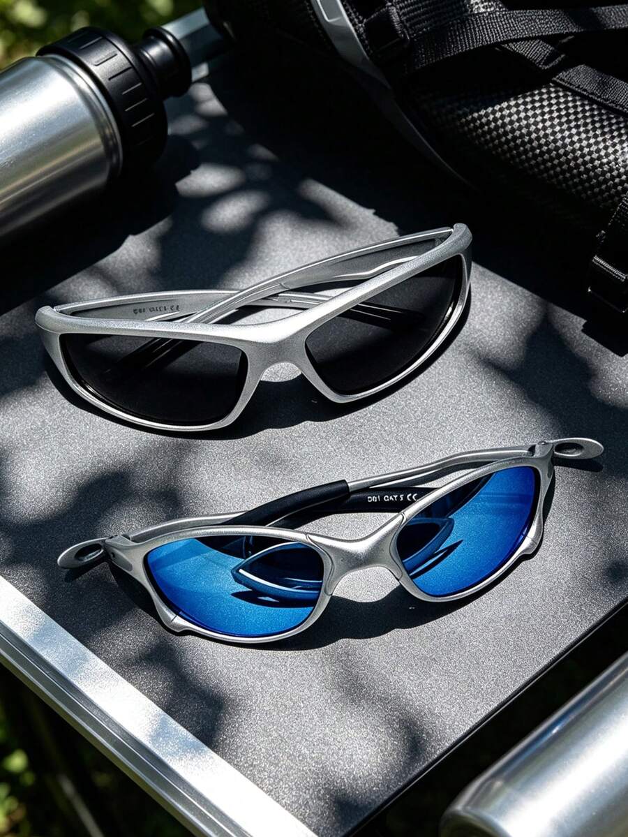 2 Pairs Men's Silver Solid Frame Gray Lens And Blue Reflective Mirror Lens Shatterproof Impact-Resistant Wrap-Around Millennium Style Sports Sunglasses Suitable For Cycling Hiking Summer