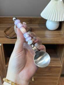 1件/2件 304不鏽鋼創意甜美風珠飾湯匙，下午茶甜點匙、水果叉，適用於餐廳、居家、派對、聚會 - 紫色 - 查看 14