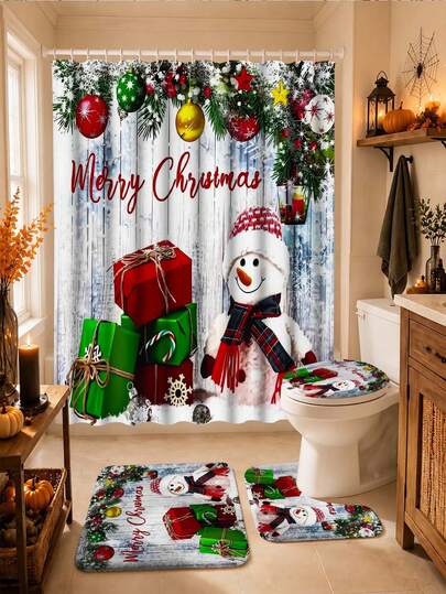1/4pcs Christmas Snowman Bathroom Shower Curtain Set, Suitable For Thanksgiving, Halloween, Christmas Bathroom Decor, Bathroom Accessories Waterproof Shower Curtain With 12 Hooks, 12 Hooks Shower Curtain Waterproof Polyester Fabric Shower Curtain, Decorative Bathtub Partition Curtain, Modern Home Bathroom Decor, Waterproof Polyester Fabric, Machine Washable, Grommet Top, No Liner Woven Shower Curtain, Suitable For Hotel Apartment Bathroom Decor, Home Decor Bathroom Accessories, Suitable For All Seasons, Perfect As A Gift