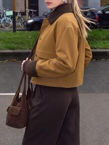 Jaket Pendek Wanita Musim Gugur dengan Kancing Depan, Manset dan Kerah Bergaris Kontras, Mantel Elegan untuk Perayaan Liburan dan Aktivitas Sehari-hari - Mocha Brown - View 3