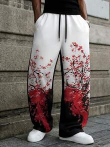 Zrgoth Men's Oriental Ink Wash Plum Blossom Print Wide Leg Sweatpants, Black & White Gradient Drawstring Elastic Waist Loose Fit Street Casual Long Pants - White - View 2